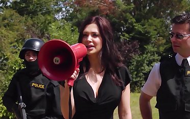Hungarian dark haired babe dressed as a police woman screws a dude